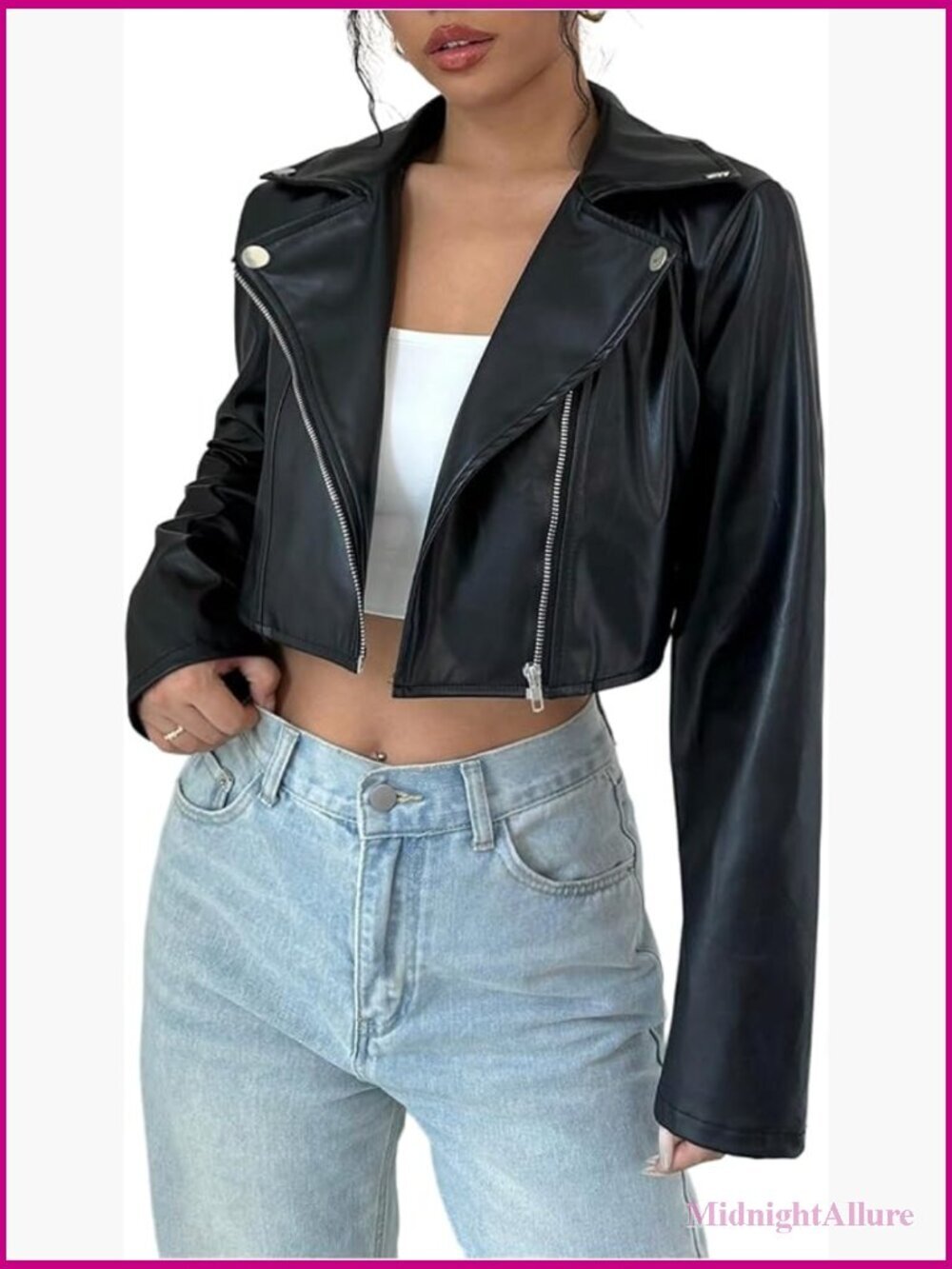 Y2k PU Leather Cropped Motorcycle Jacket - Long Sleeve Rave Coat